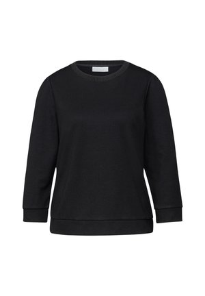 Czarna bluza z okrągłym dekoltem, rękawami do ćwiartki oraz ściągaczami na mankietach. Gładka faktura i luźny krój. Brak widocznych wzorów ani grafik.