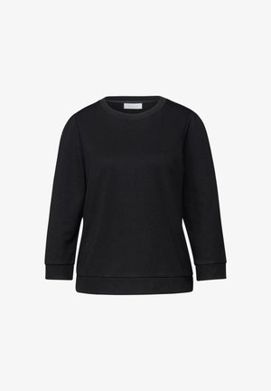 Czarna bluza z okrągłym dekoltem, rękawami do ćwiartki oraz ściągaczami na mankietach. Gładka faktura i luźny krój. Brak widocznych wzorów ani grafik.