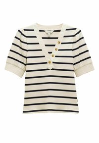 Balts īss piedurkņu tops ar melnām horizontālām svītrām, V veida izgriezumu ar četriem rudā krāsā pogām un aproču piedurknēm.