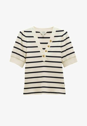 Bluza albă cu mâneci scurte, cu dungi orizontale negre, decolteu în V cu patru nasturi bej și mâneci cu manșetă.