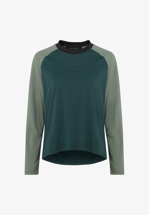 T-shirt de sport à manches longues avec corps vert foncé, manches vert clair, col noir et petit logo "Vaude" sur la poitrine.