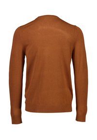 Bruine gebreide trui met lange mouwen, een ronde halslijn en geribde manchetten en zoom. Gladde textuur, lichtgewicht materiaal, geen zichtbare patronen.