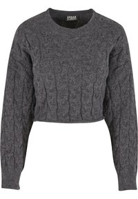 Szürke rövidített pulóver fonott mintával, kerek nyakkivágással és hosszú ujjakkal. Puha, texturált anyagból készült. Látható kapcsok nélkül.