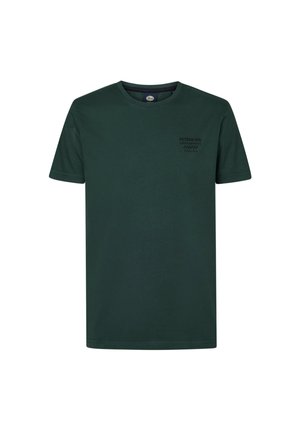 Dunkelgrünes Baumwoll-T-Shirt mit Rundhalsausschnitt, kurzen Ärmeln und einem kleinen schwarzen Drucklogo auf der linken Brust. Glatte Textur.