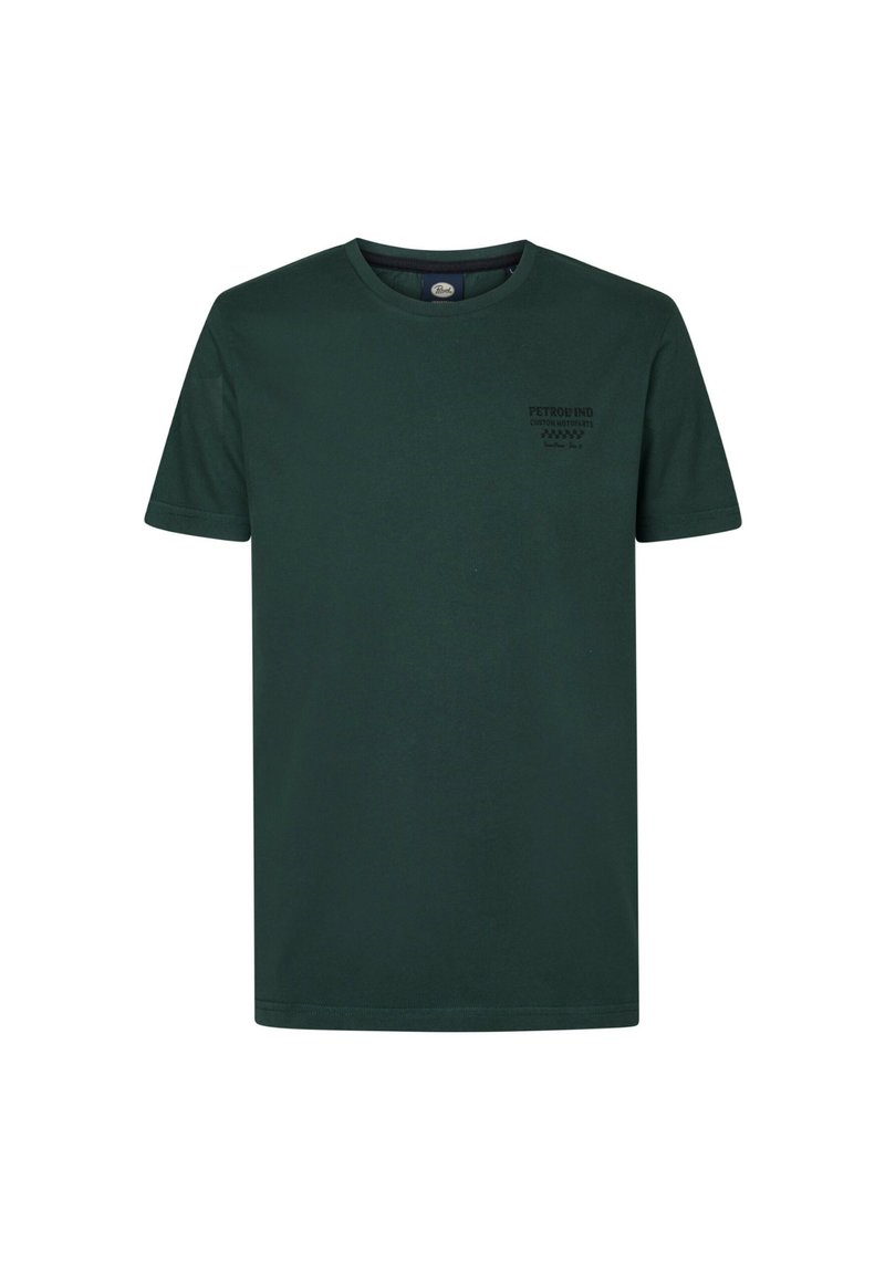 Tmavě zelené bavlněné tričko s kulatým výstřihem, krátkými rukávy a malým černým potiskem na levé části hrudi. Hladká textura.