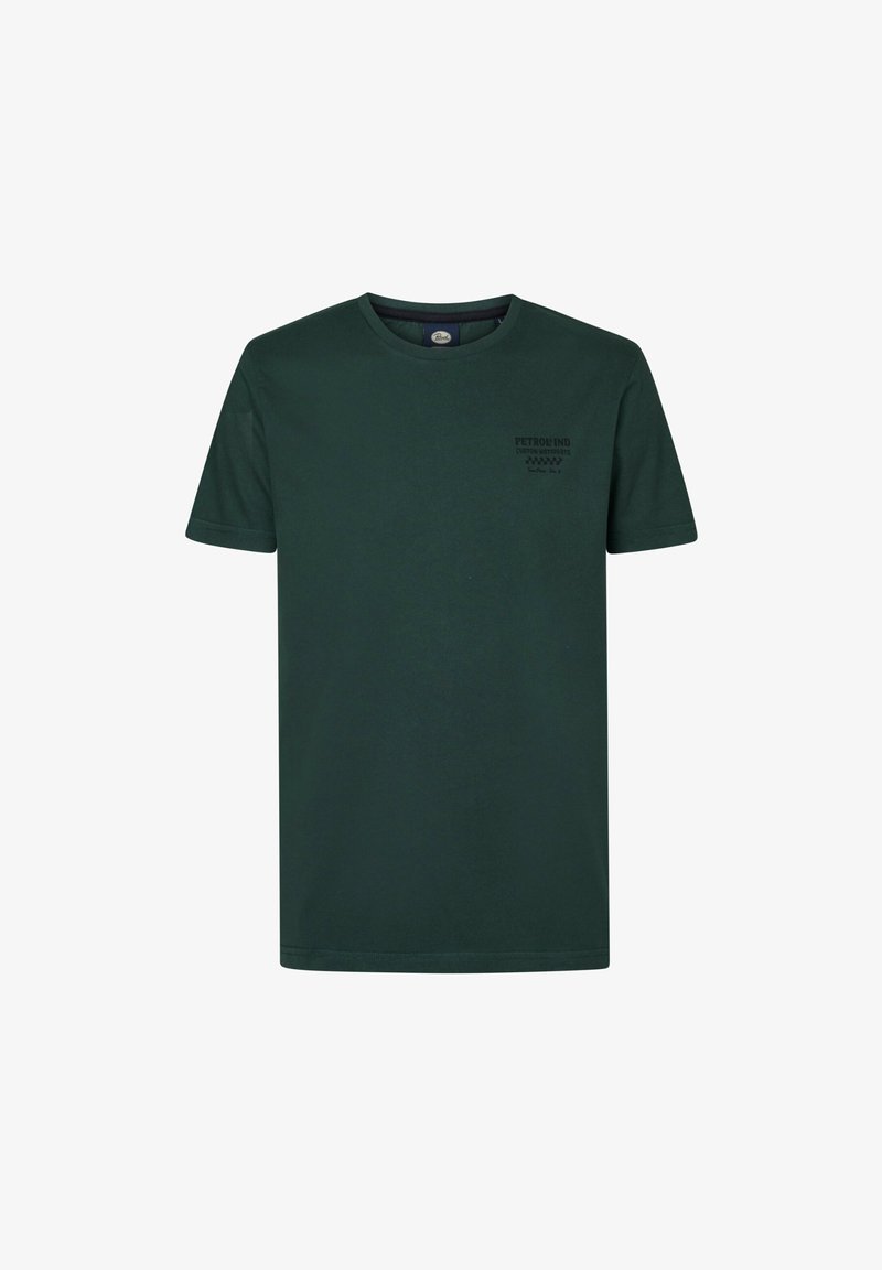 Tmavě zelené bavlněné tričko s kulatým výstřihem, krátkými rukávy a malým černým potiskem na levé části hrudi. Hladká textura.