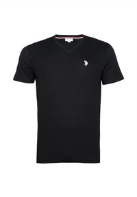 Tricou negru din bumbac cu decolteu în V, mâneci scurte și un mic logo brodat pe partea stângă a pieptului. Textură moale, design simplu.