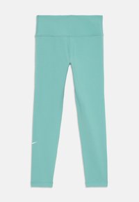 Leggings turquoise clair taille haute, longueur entière, avec des coutures plates et un petit logo swoosh blanc près de la cheville gauche.