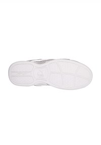 Suela de zapato de goma blanca texturizada, con un agarre estampado y un logotipo embosado en el centro. Diseño plano con un acabado suave.