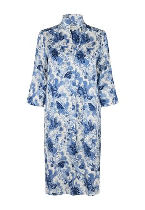 Modra in bela cvetna obleka do kolen s 3/4 rokavi in mandarinskim ovratnikom, s sprednjim zapenjanjem na gumbe.