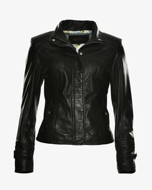 Zwarte leren motorjack met een rits aan de voorkant, geribbelde schouderaccenten en een bloemenpatroon in de voering. Strak model met zijzakken.