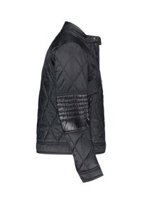 Mustat pehmustetut takki, jossa on sileä pinta, rakenteellinen muotoilu ja vetoketjusuljin. Hihan ja vartalon puffetukset lisäävät ulottuvuutta.