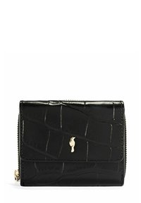 Czarny portfel o fakturze krokodyla z logo w złotym akcentem, z zamknięciem na zamek błyskawiczny oraz eleganckim, kompaktowym designem.
