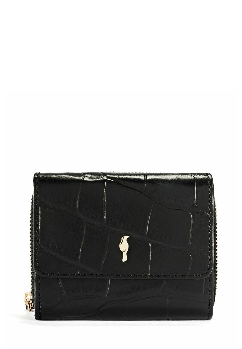 Czarny portfel o fakturze krokodyla z logo w złotym akcentem, z zamknięciem na zamek błyskawiczny oraz eleganckim, kompaktowym designem.