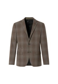 Braun karierter Blazer mit tailliertem Schnitt, Reverskragen, einer einzelnen Knopfschließe und zwei vorderen Taschen. Gefüttertes Innenfutter in Schwarz.