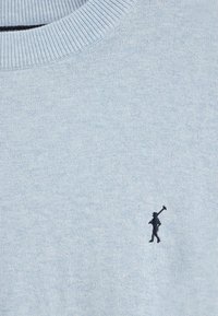 Ljust blå stickad sweatshirt med rundhals, med en liten mörkblå broderad figur på vänster sida. Mjuk textur, avslappnad design.