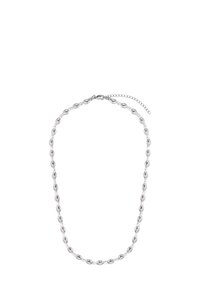 Zilveren en parelmoeren kralenketting met ovale kralen in afwisselende kleuren, voorzien van eenlobster sluiting en een verstelbare ketting.