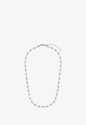 Collana di perle e argento con perle di forma ovale in colori alternati, dotata di chiusura a moschettone e una catena regolabile.