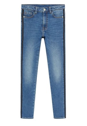 Slanke jeans lavet af denim i lyseblå med sorte sidestriber, med en frontlukkebutton og fem lommer.