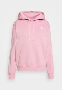 Sudadera con capucha rosa de algodón, que cuenta con un bolsillo tipo canguro en la parte frontal, capucha con cordón y un pequeño logo blanco en el pecho.