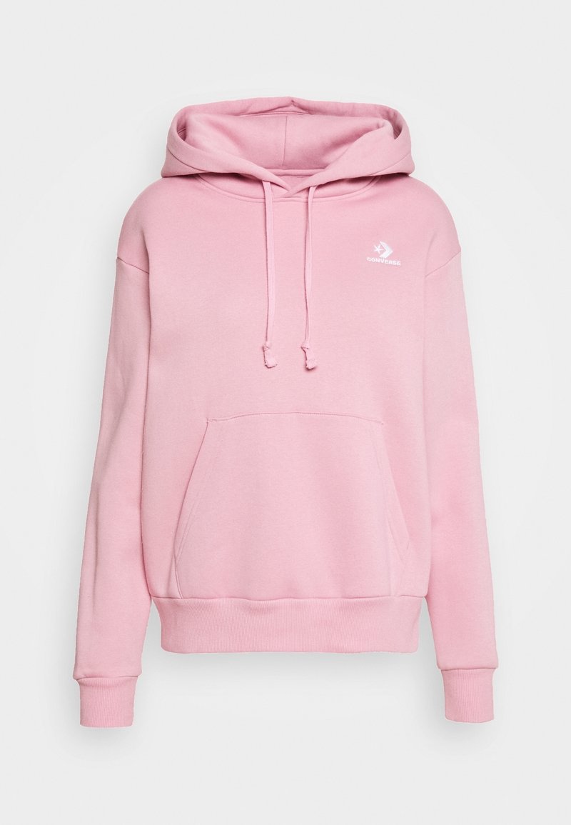 Sudadera con capucha rosa de algodón, que cuenta con un bolsillo tipo canguro en la parte frontal, capucha con cordón y un pequeño logo blanco en el pecho.