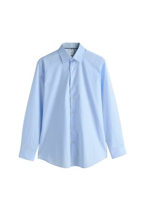 Light blue long-sleeve shirt made of smooth fabric, featuring a button-down front, a classic collar, and subtle vertical stripes.