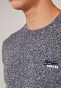 Grijze gebreide trui met een ronde hals, voorzien van een textuurpatroon en een blauw geborduurd logo op de linkerborst.