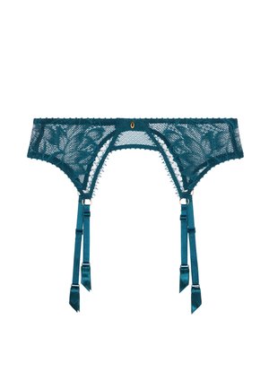 Ce porte-jarretelles en dentelle teal arbore des motifs floraux, des bords festonnés et des bretelles en satin ajustables agrémentées de nœuds. Détails dorés au centre.