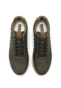 Un paio di sneaker verde-brune con allacciatura, caratterizzate da punte perforate e colli imbottiti, mostrate dall'alto su uno sfondo bianco.