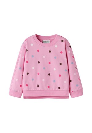 Pinkes Kinder-Sweatshirt mit langen Ärmeln und mehrfarbigen Punkten in Weiß, Braun, Pink und Blau, mit gerippten Bündchen und Saum.