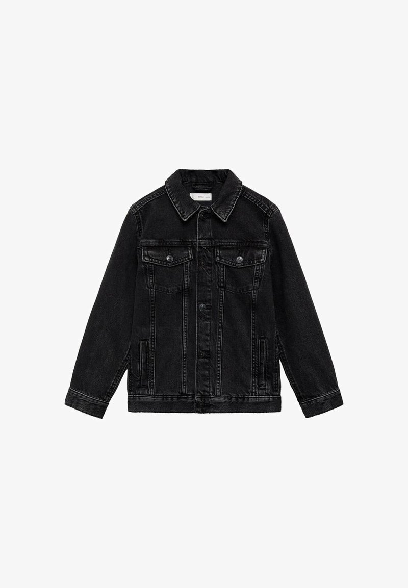 Giacca di denim nera con colletto, maniche lunghe, due tasche sul petto e tasche laterali. Tessuto testurizzato con dettagli di cucitura visibili.