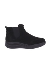 Stivaletti neri in suede con pannelli laterali elasticizzati, punta arrotondata e suola in gomma testurizzata per la stabilità. Finitura liscia, design minimalista.