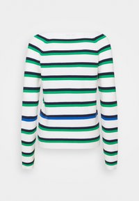 Valkoinen pitkähihaisella neuleella, jossa on vaaka-asuissa vihreitä, tummansinisiä ja sinisiä raitoja, näkyy takaa yksinkertaisella taustalla.