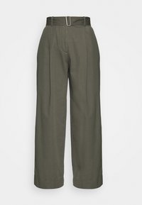 Wide-leg pants in dark olive green fabric, featuring a high waistband with a rectangular silver buckle and tailored crease details.