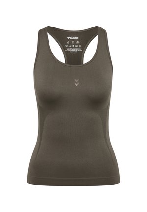 Ærmeløs, olivengrøn sportstop med racerback, diskret logo på brystet og sømløs design. Fremstillet af genanvendt polyester og elastan.