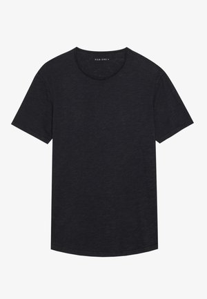 Black short-sleeve T-shirt made from soft, lightweight fabric. Round neckline, slightly curved hem, and relaxed fit without patterns or accents.