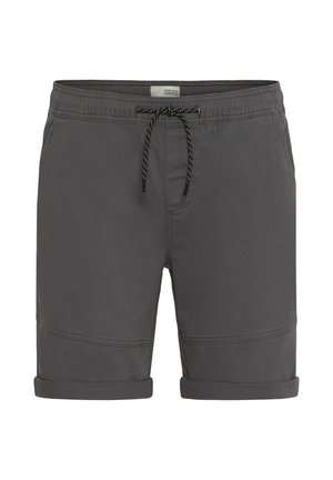 Šedé šortky s elastickým pasem, černou šnůrkou na stažení a ohnutými lemy. Mají ploché švy a hladkou texturu látky.