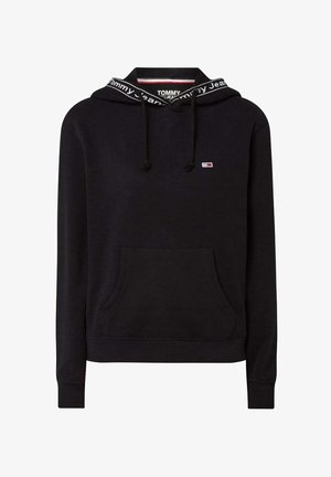 Sudadera con capucha negra con cordón, bolsillo tipo canguro en la parte delantera y detalles de logotipo blanco en el cuello, hecha de tela suave y cómoda.