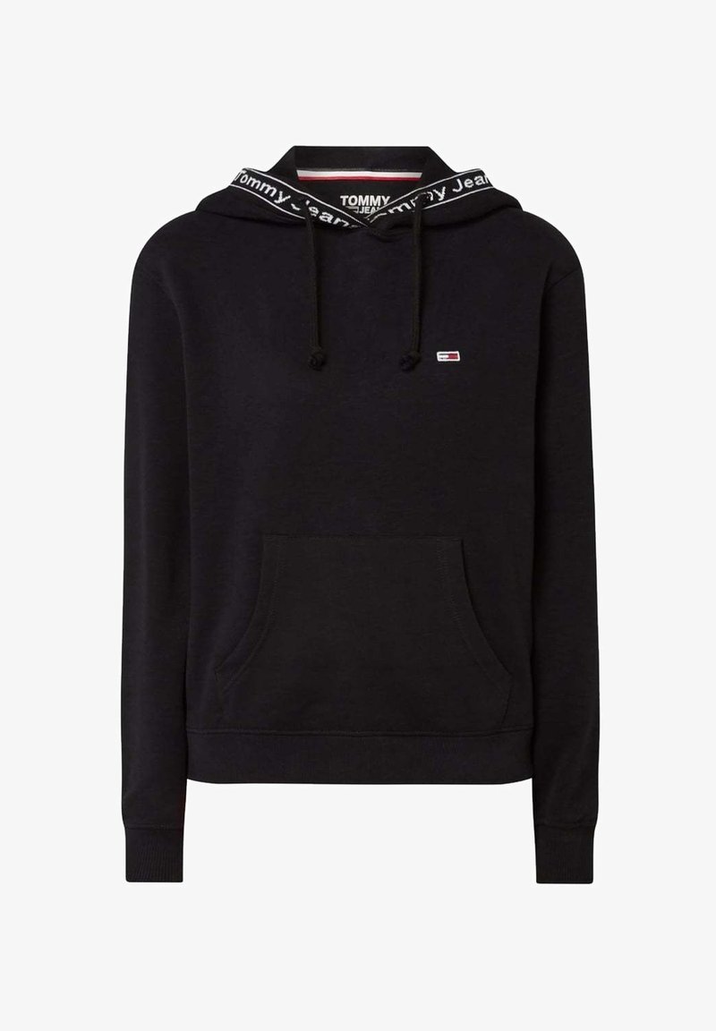 Hoodie noir avec capuche à cordon, poche kangourou à l'avant et détails de logo blanc au niveau du col, confectionné dans un tissu doux et confortable.