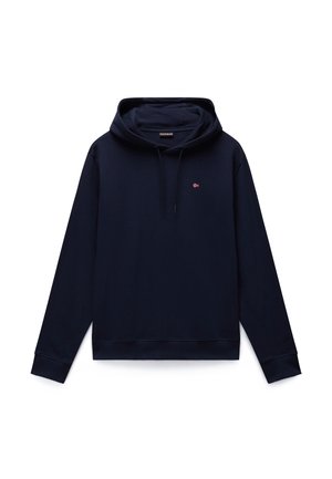 Tmavomodrá mikina s kapucňou, dlhými rukávmi, predným vreckom, šnúrkou na kapucni a malým logom nórskej vlajky na ľavej strane na hrudi.