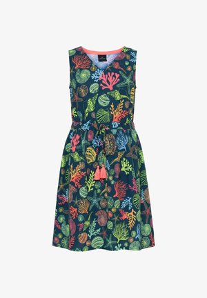Hihaton laivastonsininen mekko, jossa värikkäitä koralleja, simpukoita ja meritähden kuvioita, jossa on vyötäröllä pinkit tupsunyöritykset.