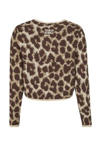 Hnedý a béžový leopardí vzorovaný crop sveter s okrúhlym výstrihom, dlhými rukávmi a rebrovaným lemom. Jemný, štruktúrovaný pletený materiál.