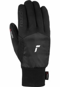Schwarze Outdoor-Handschuhe aus strukturiertem Material, mit verstärkter Handfläche und elastischem Bündchen. Mit Polartec-Branding auf Daumen und Handgelenk.