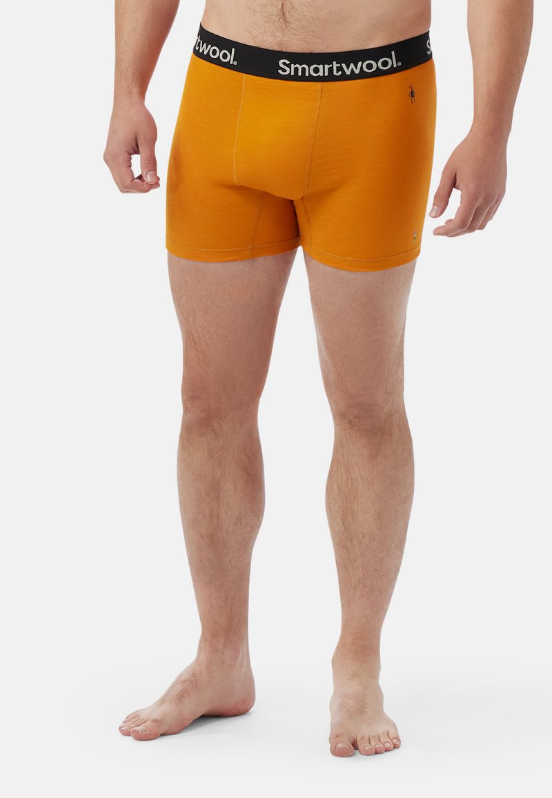 Boxer shorts arancioni a slip con cintura nera etichettata "Smartwool". Realizzati in materiale morbido, presentano un design aderente e una texture liscia.