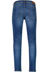 Niebieskie dżinsy o slim fit, z wysokim stanem, pięcioma kieszeniami oraz skórzaną naszywką na tylnym pasku.