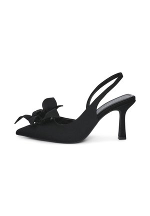 Schwarze Slingback-Pumps mit spitzem Zeh, Textilobermaterial und einem dekorativen Blumenakzent. Sie haben einen schlanken Absatz und eine glatte Oberfläche.