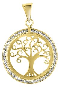 Pendentif en ton or avec un design d'arbre de vie dans un cadre circulaire, orné de pierres transparentes le long du bord extérieur.