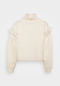 Krémová roláková mikina s balónovými rukávy, která má na ramenou nařasenou tkaninu a dekorační perleťové knoflíky. Měkká textura.