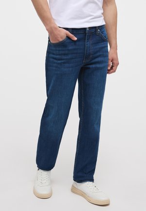 Blue denim jeans feature a straight leg design, five pockets, and a standard zipper fly. The fabric has a smooth texture with subtle fades.