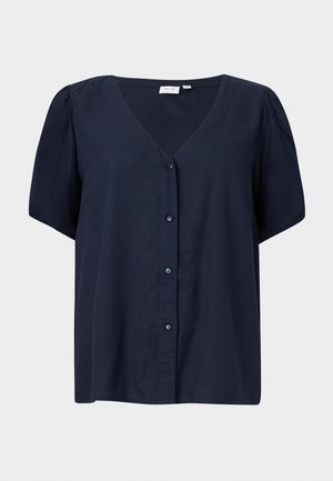 Tmavomodrá blúzka s krátkym rukávom, výstrihom do V a predným zapínaním na gombíky, jemne nariasené ramená, voľný strih.